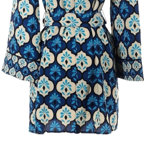 Zara Retro Belted Mini Dress XS NWT Blue 60s 70s Mod Print Long Sleeve High Neck - Picture 6 of 12